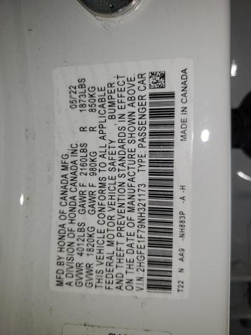 2HGFE1F79NH321173 - 2022 HONDA CIVIC EX WHITE photo 12