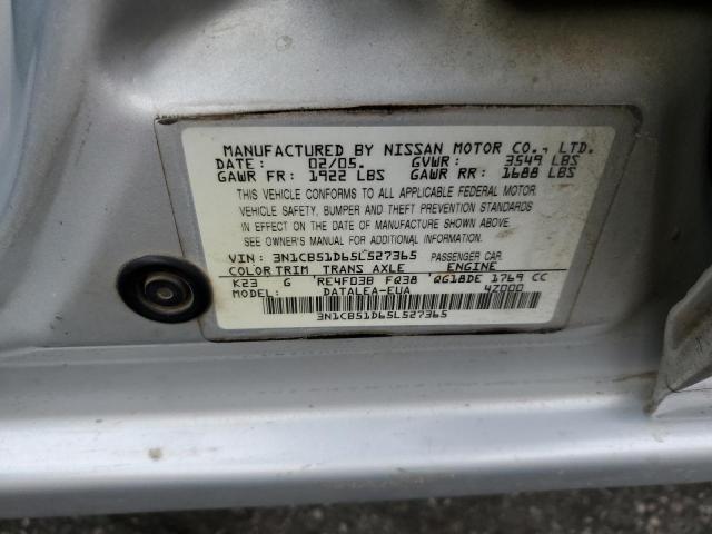 3N1CB51D65L527365 - 2005 NISSAN SENTRA 1.8 SILVER photo 13