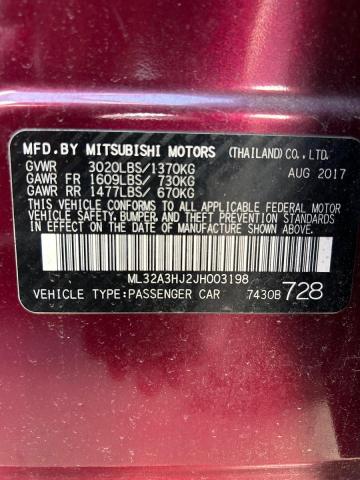 ML32A3HJ2JH003198 - 2018 MITS MIRAGE ES მუქწითელი ფოტო 10