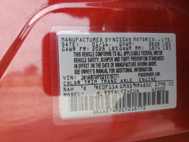 3N1AB7AP2GY218771 - 2016 NISSAN SENTRA S BURGUNDY photo 12