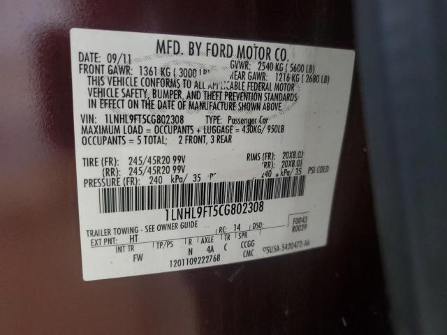 1LNHL9FT5CG802308 - 2012 LINCOLN MKS BURGUNDY photo 12