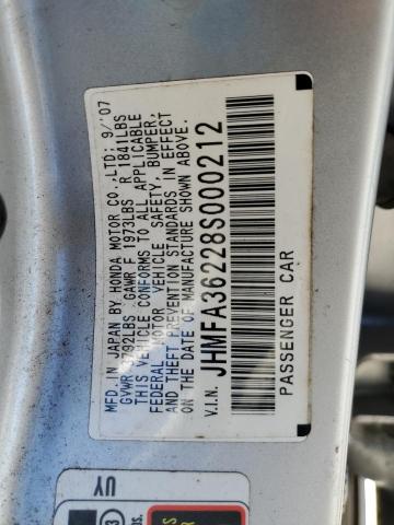 JHMFA36228S000212 - 2008 HONDA CIVIC HYBRID SILVER photo 12