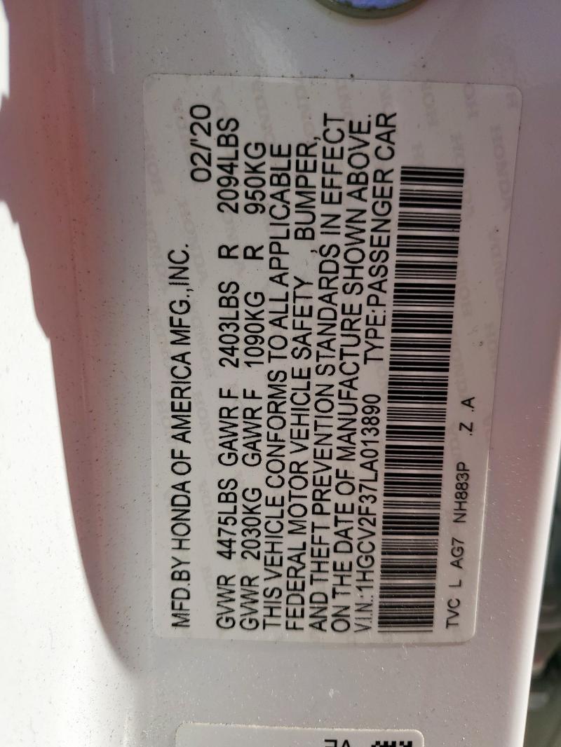 1HGCV2F37LA013890 - 2020 HONDA ACCORD SPORT 白色 照片 12