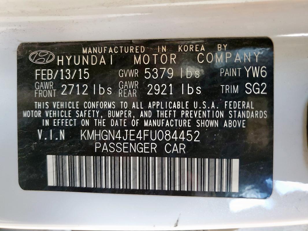 KMHGN4JE4FU084452 - 2015 HYUNDAI GENESIS 3.8L 白色 照片 12