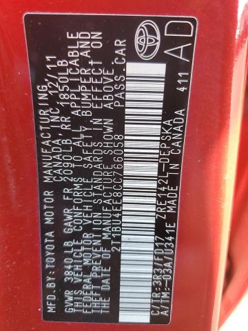 2T1BU4EE8CC766058 - 2012 TOYOTA COROLLA BASE RED photo 12