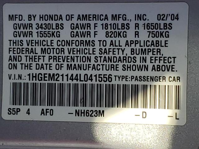 1HGEM21144L041556 - 2004 HONDA CIVIC DX VP فضي صورة 12