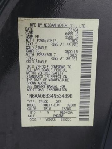 1N6AA06B34N534898 - 2004 NISSAN TITAN XE BLACK photo 12