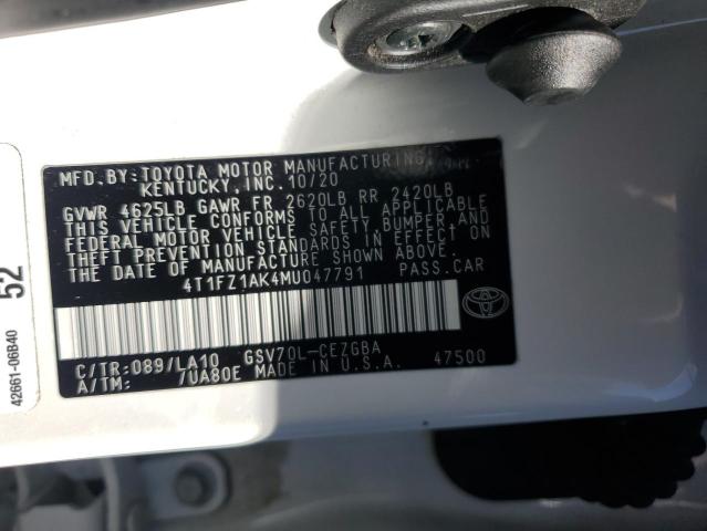 4T1FZ1AK4MU047791 - 2021 TOYOTA CAMRY XLE WHITE photo 13