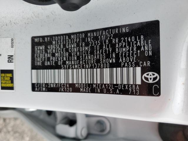 5YFS4MCE1NP137800 - 2022 TOYOTA COROLLA SE WHITE photo 12