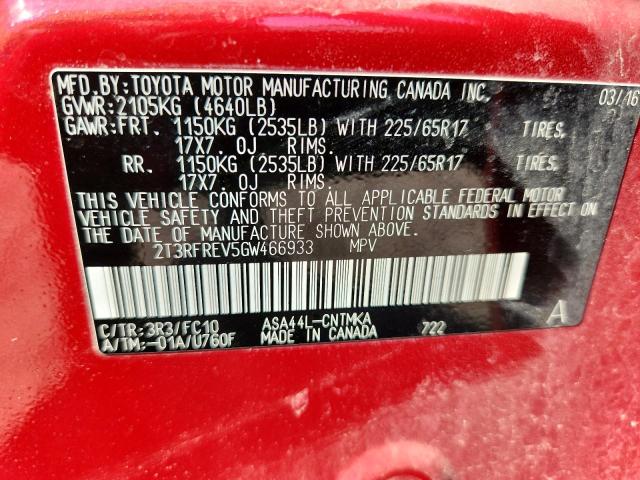 2T3RFREV5GW466933 - 2016 TOYOTA RAV4 XLE RED photo 13