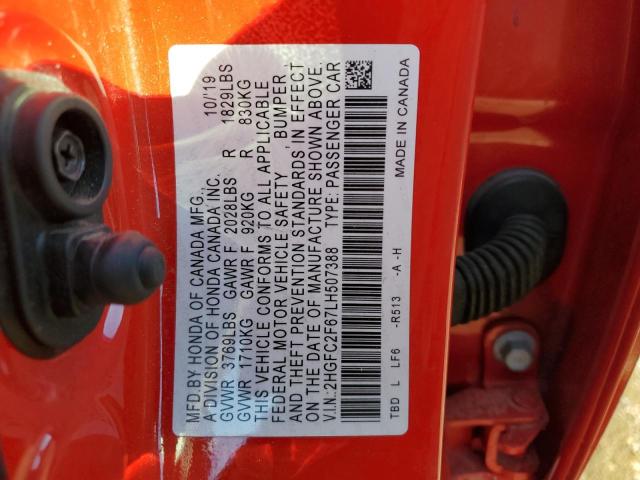 2HGFC2F67LH507388 - 2020 HONDA CIVIC LX RED photo 12