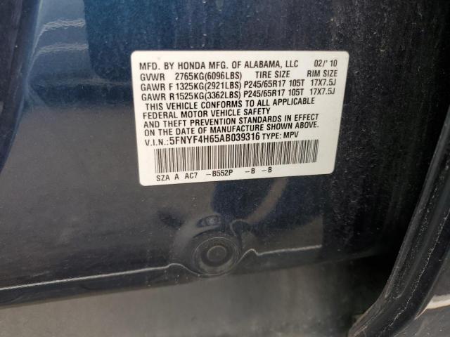 5FNYF4H65AB039316 - 2010 HONDA PILOT EXL Mavi foto 13