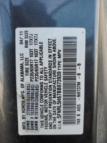 5FNRL5H67BB073939 - 2011 HONDA ODYSSEY EXL GRAY photo 13