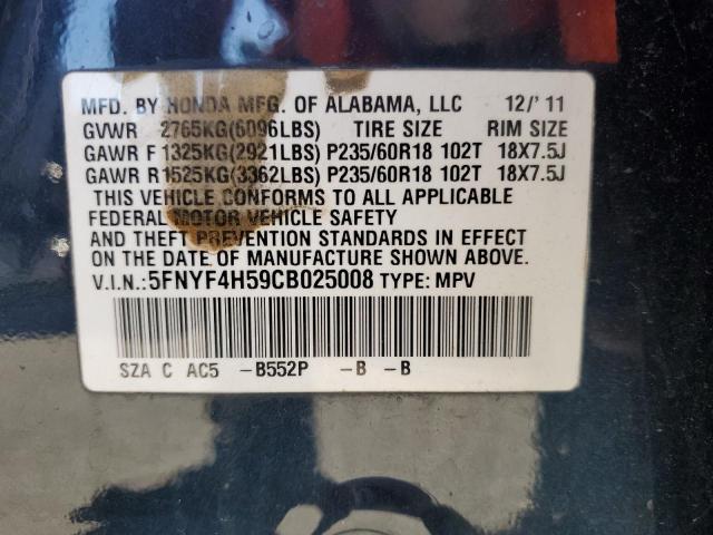 5FNYF4H59CB025008 - 2012 HONDA PILOT EXL BLUE photo 13