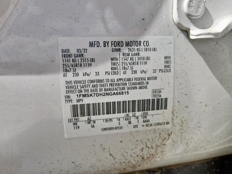 1FMSK7DH2NGA66815 - 2022 FORD EXPLORER XLT Ağ foto 13