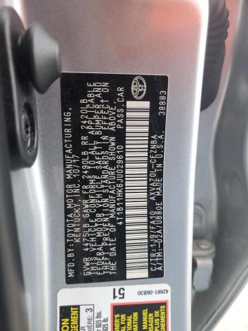 4T1B11HK6JU029610 - 2018 TOYOTA CAMRY L ვერცხლისფერი ფოტო 12