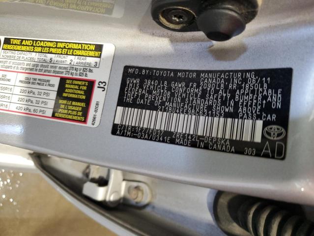 2T1BU4EE9BC631153 - 2011 TOYOTA COROLLA BASE ვერცხლისფერი ფოტო 12