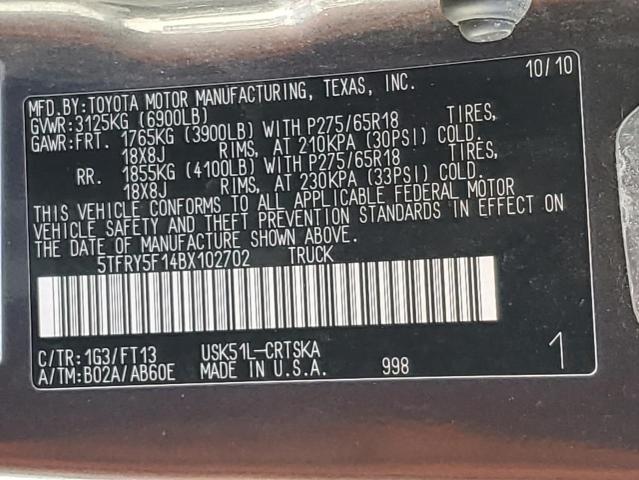 5TFRY5F14BX102702 - 2011 TOYOTA TUNDRA DOUBLE CAB SR5 CHARCOAL photo 12