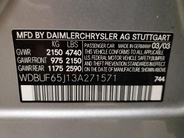 WDBUF65J13A271571 - 2003 MERCEDES-BENZ E 320 SILVER photo 12