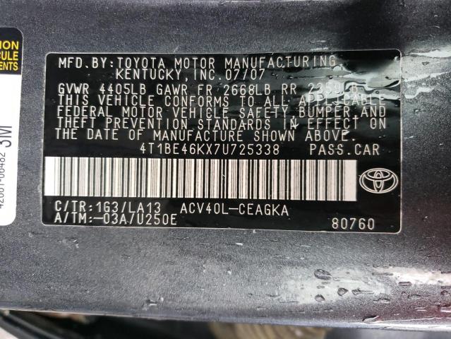 4T1BE46KX7U725338 - 2007 TOYOTA CAMRY CE GRAY photo 12