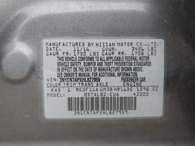 3N1CN7APXHL827959 - 2017 NISSAN VERSA S GRAY photo 13