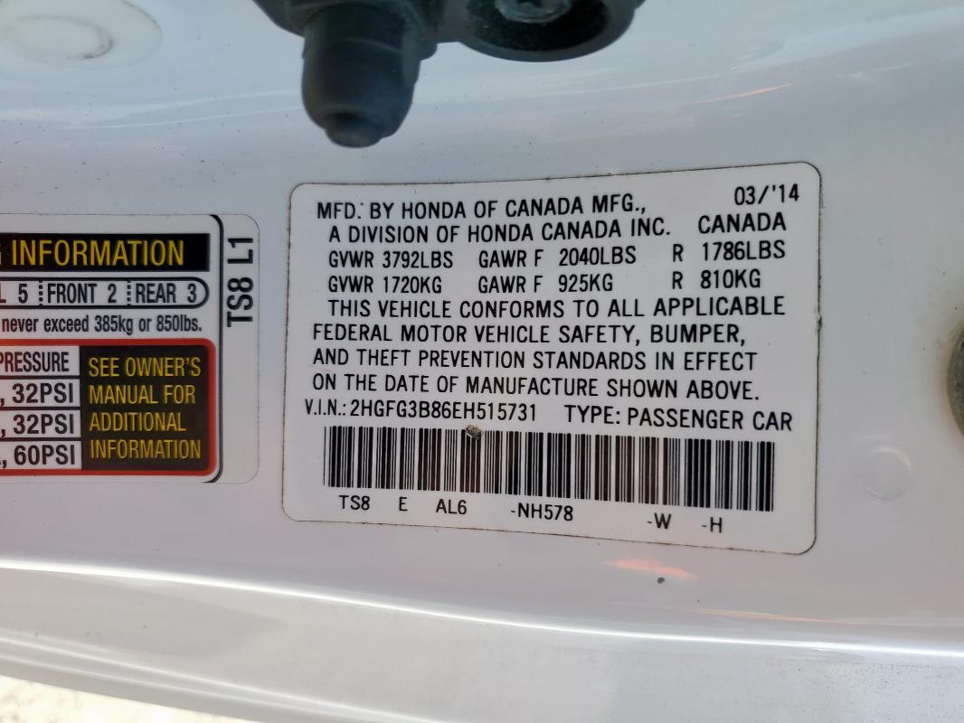 2HGFG3B86EH515731 - 2014 HONDA CIVIC EX WHITE photo 13