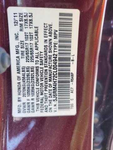 5J6RM4H72CL004942 - 2012 HONDA CR-V EXL BURGUNDY photo 14