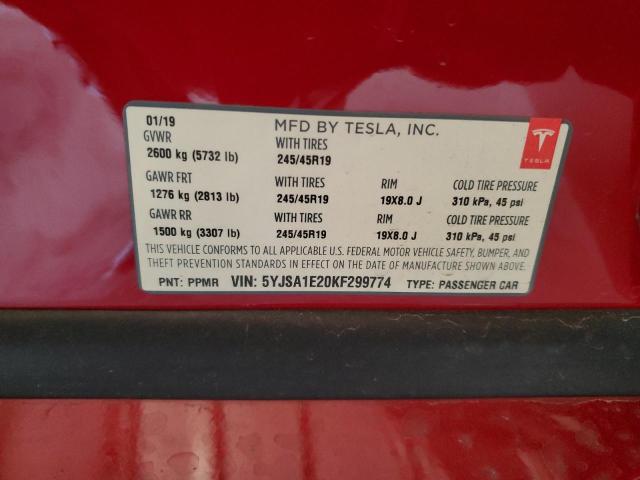 5YJSA1E20KF299774 - 2019 TESLA MODEL S RED photo 12