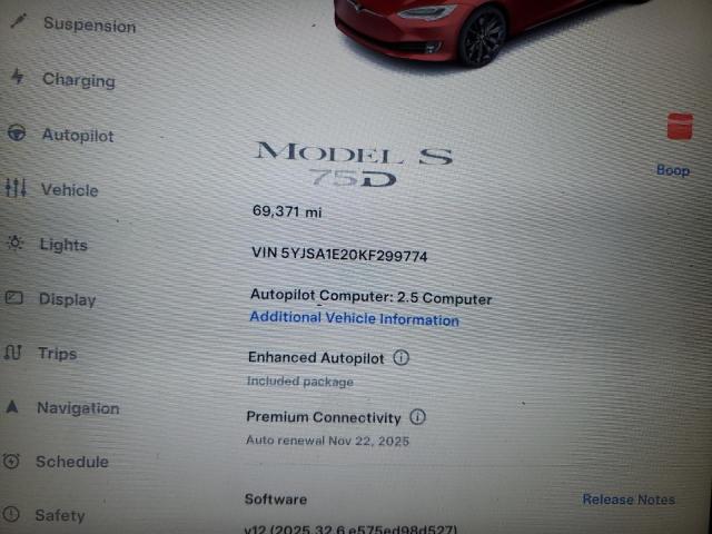 5YJSA1E20KF299774 - 2019 TESLA MODEL S RED photo 9