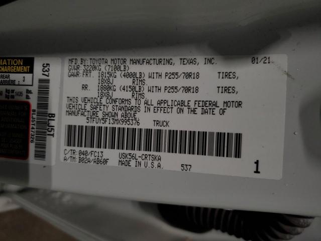 5TFUY5F13MX995376 - 2021 TOYOTA TUNDRA DOUBLE CAB SR/SR5 WHITE photo 12