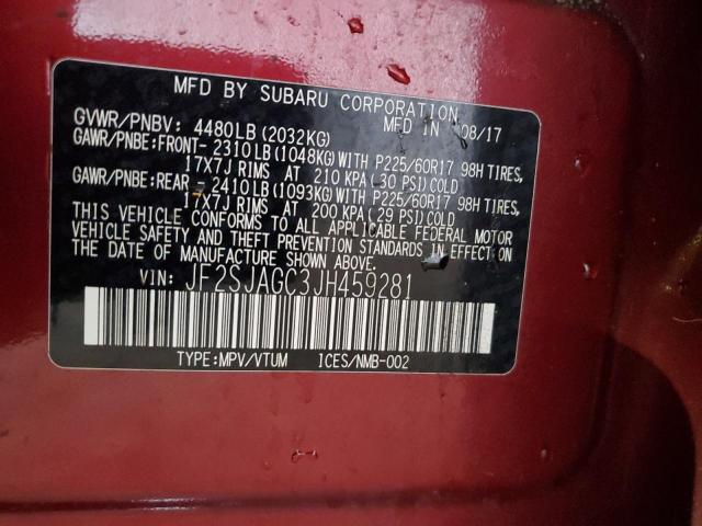 JF2SJAGC3JH459281 - 2018 SUBARU FORESTER 2.5I PREMIUM 勃艮第红 照片 12