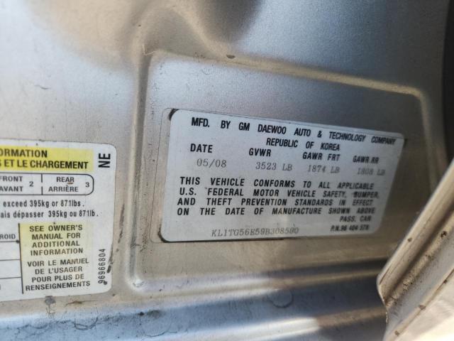 KL1TG56E59B308590 - 2009 CHEVROLET AVEO LT SILVER photo 12