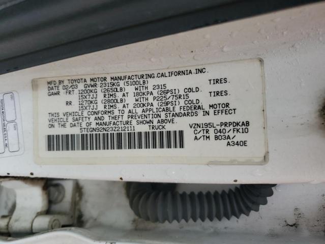 5TEGN92N23Z212111 - 2003 TOYOTA TACOMA DOUBLE CAB PRERUNNER WHITE photo 12