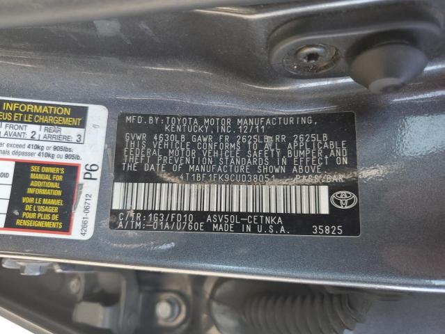 4T1BF1FK9CU038051 - 2012 TOYOTA CAMRY BASE CHARCOAL photo 12