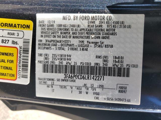 3FA6P0CD6LR142271 - 2020 FORD FUSION SEL შავი ფოტო 12