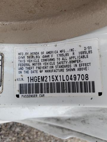 1HGEM215X1L049708 - 2001 HONDA CIVIC LX Ağ foto 12
