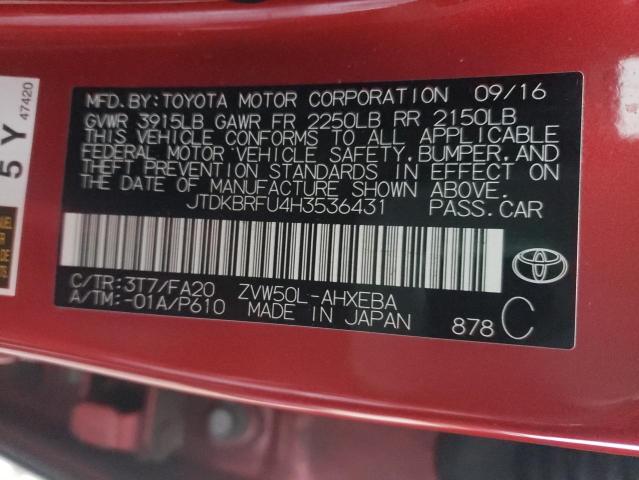 JTDKBRFU4H3536431 - 2017 TOYOTA PRIUS RED photo 13