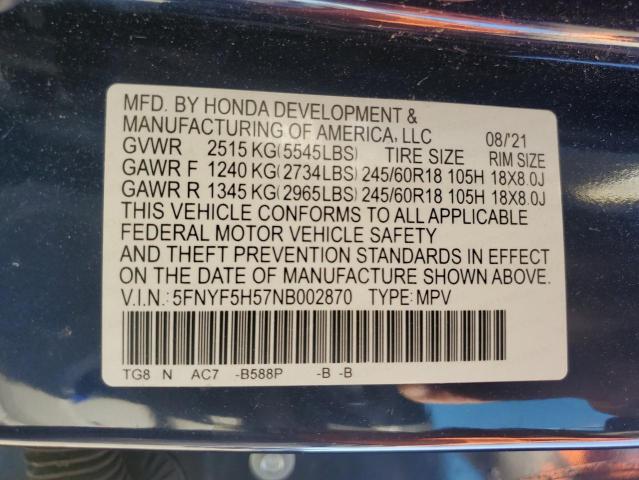 5FNYF5H57NB002870 - 2022 HONDA PILOT EXL BLUE photo 13