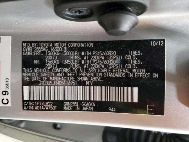 JTEBU5JR4D5116961 - 2013 TOYOTA 4RUNNER SR5 SILVER photo 12