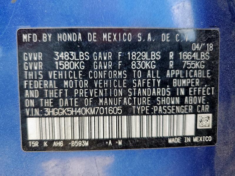 3HGGK5H40KM701605 - 2019 HONDA FIT LX Көк фото 13