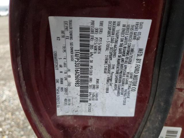 1FAFP53U16A260983 - 2006 FORD TAURUS SE BURGUNDY photo 12