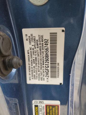 2HGFG12608H567492 - 2008 HONDA CIVIC LX 蓝色 照片 12
