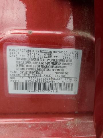 3N1AB7AP0KY394310 - 2019 NISSAN SENTRA S 红色 照片 12