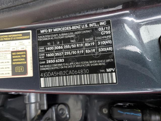 4JGDA5HB2CA064830 - 2012 MERCEDES-BENZ ML 350 4MATIC CHARCOAL photo 12