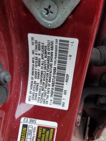 1HGFA16837L019484 - 2007 HONDA CIVIC EX RED photo 13