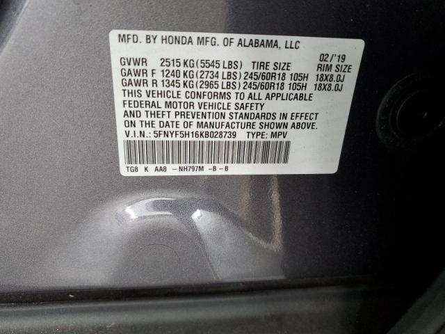 5FNYF5H16KB028739 - 2019 HONDA PILOT LX 灰色 照片 13