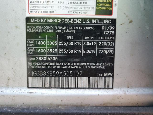 4JGBB86E59A505197 - 2009 MERCEDES-BENZ ML 350 SILVER photo 12