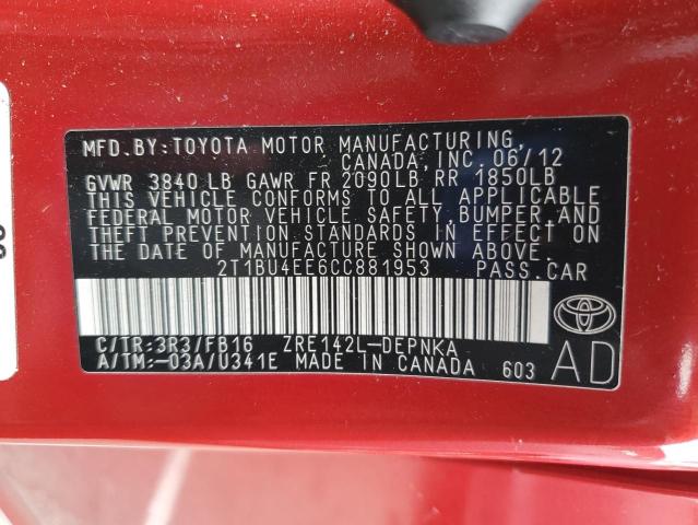 2T1BU4EE6CC881953 - 2012 TOYOTA COROLLA BASE წითელი ფოტო 12