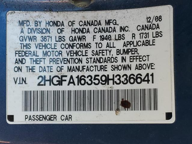 2HGFA16359H336641 - 2009 HONDA CIVIC VP BLUE photo 12
