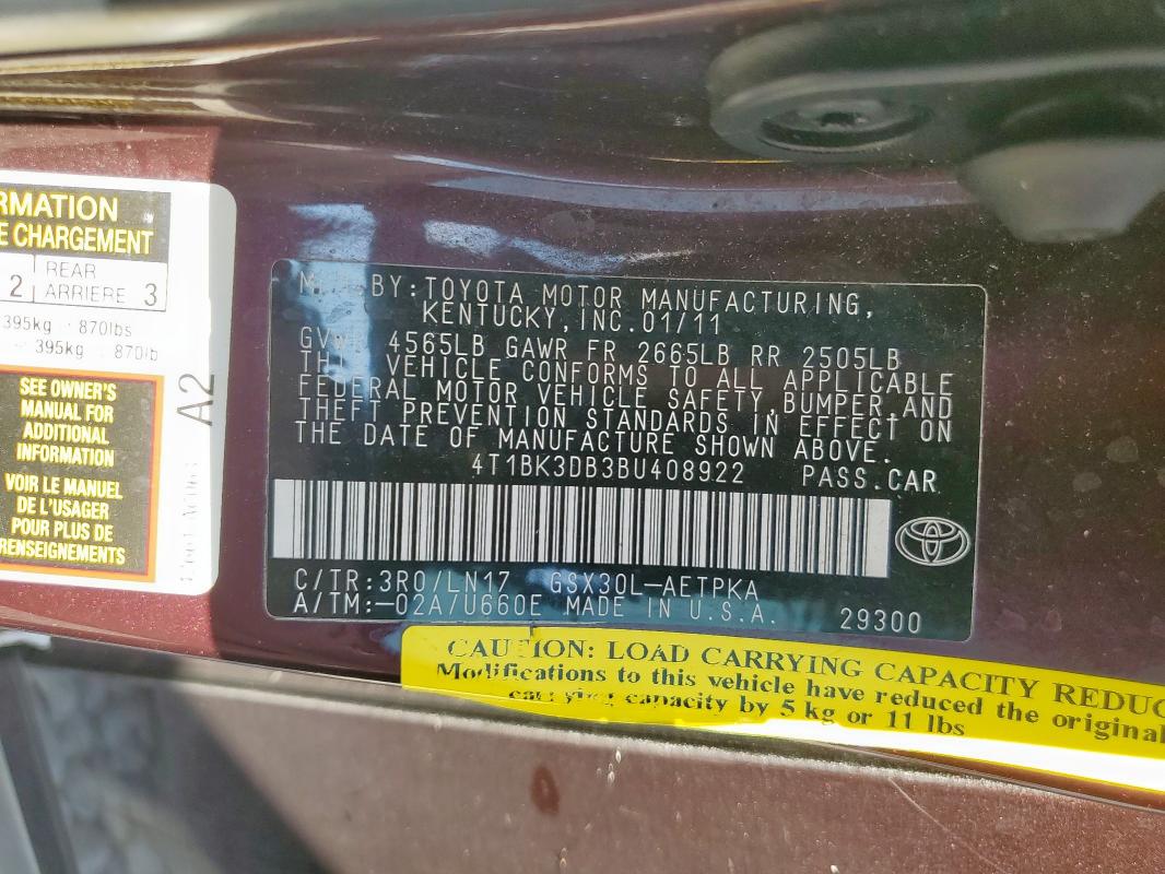 4T1BK3DB3BU408922 - 2011 TOYOTA AVALON BASE Բորդո լուսանկար 12